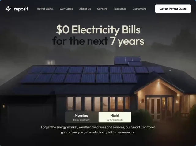 After: solar company homepage, $0 electricity bills for the next 7 years
